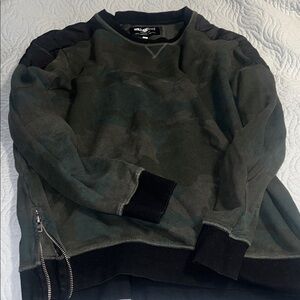 William Rast Dark Green Camo Crewneck Sweatshirt with Zipper Detail